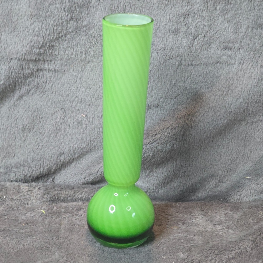Vintage Green Cased Glass Bud‎ Vase Swirl Stripe Satin Bulbous Base Empoli Style